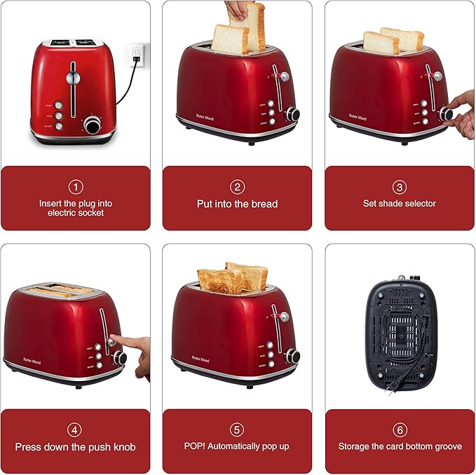 2 Slice Toaster Retro Stainless Steel with Bagel, Cancel, and Defrost Functions, 6 Bread Shade Settings, Extra Wide Slots and Removable Crumb Tray, Red