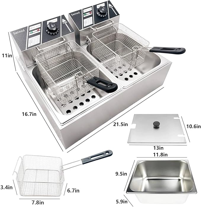 Commercial Deep Fryer with Baskets, 3400W 12.7QT/12L Thickened Stainless Steel Countertop Electric Oil Fryer, Large Capacity with Temperature Control, silver
