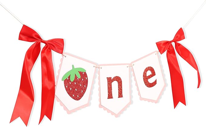 Strawberry First Birthday High Chair Banner - Strawberry Berry One 1st Birthday Highchair,Fruit Themed 1st Party Decorations,Sweet One Highchair Banner (Strawberry one banner)