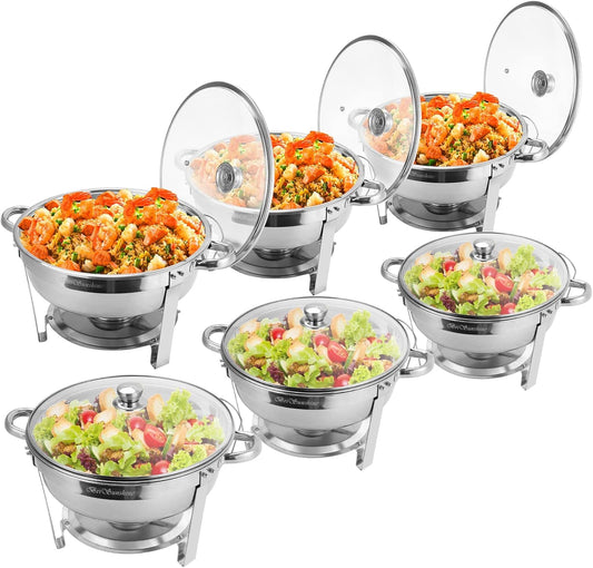 Chafing Dish Buffet Set 6 Packs, 5 QT Stainless Steel Round Chafing Dishes with Glass Lid & Lid Holder, Food Warmer For Parties Buffet Weddings Catering Events