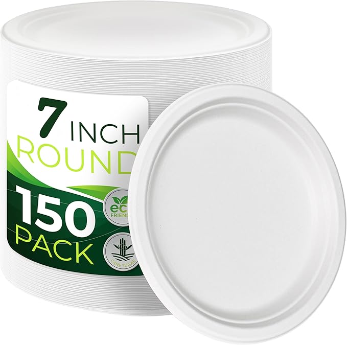 150pcs 100% Compostable Small Paper Plates (7 in), Heavy Duty, Eco Friendly Appetizer & Dessert Plates, Biodegradable Sugarcane Fiber