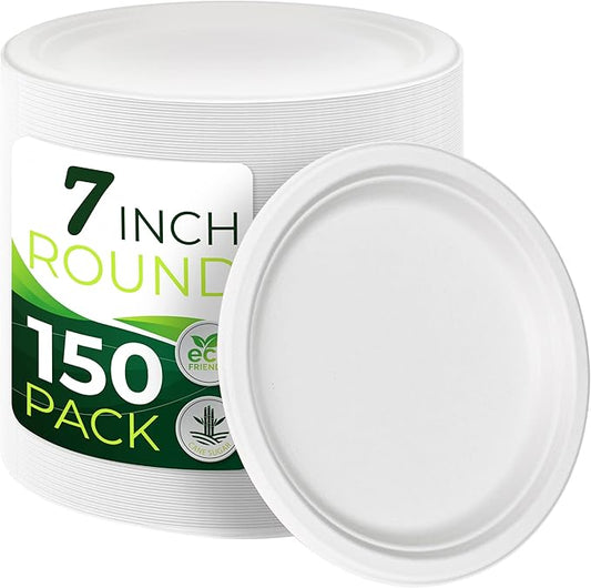 150pcs 100% Compostable Small Paper Plates (7 in), Heavy Duty, Eco Friendly Appetizer & Dessert Plates, Biodegradable Sugarcane Fiber