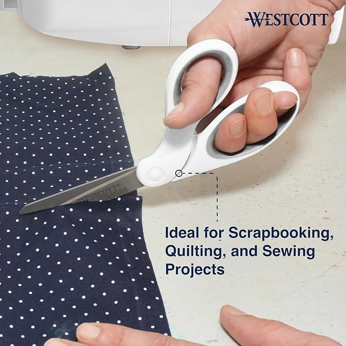 Westcott 8" Bent Craft Scissors with Titanium-Bonded Blades for Heavy-Duty Use (White or Blue, Colors May Vary)