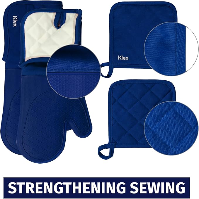 Klex Extra Long Silicone Oven Mitts and Pot Holders, 932°F Degrees Heat Resistance with Quilted Liner Oven Gloves and Hot Pads, 4 Piece Set, 15 inch, Blue