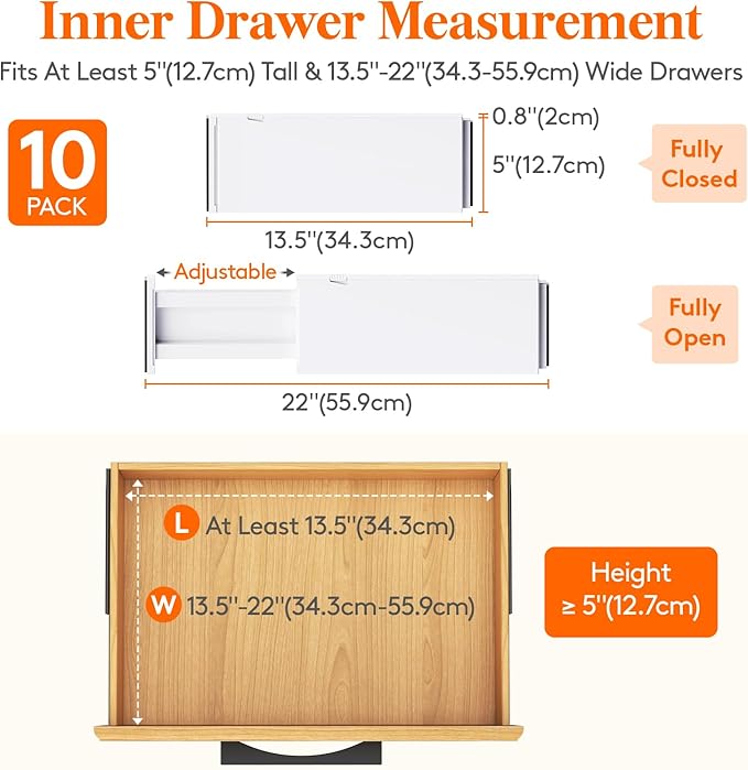 Lifewit 10 Pack Drawer Dividers 5" High, 13.5-22" Adjustable Clothes Organizers, Expandable Dresser Separators in Bedroom/Bathroom/Kitchen/Office