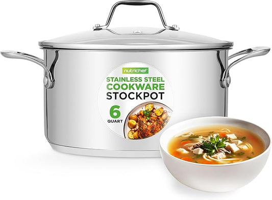 NutriChef 6-Quart Stainless Steel Stockpot – 18/8 Food Grade Heavy-Duty Induction-Compatible Pot with See-Through Lid, Ideal for Stews, Broths, Simmering & Soups, Dishwasher Safe – NCSP6