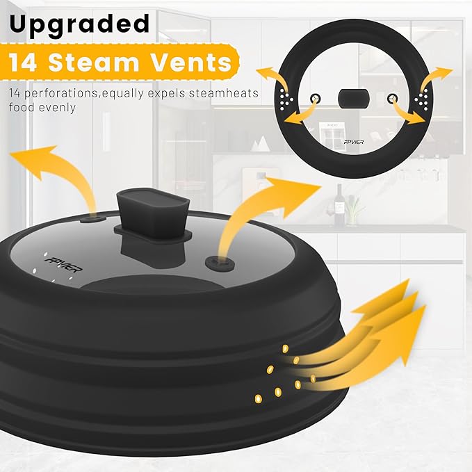 Microwave Splatter Cover, Collapsible Silicone Microwave Plate Cover with Glass for Food, Splatter Guard Lid 10.8 inch Black