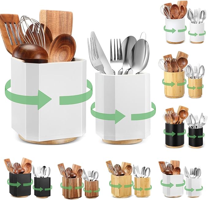 2 Pack Wooden Utensil Holder, 360°Rotating Kitchen Cooking Utensil Crock, Spoon Spatula Holder for Kitchen Counter, Farmhouse Countertop Organizer(White,Square)