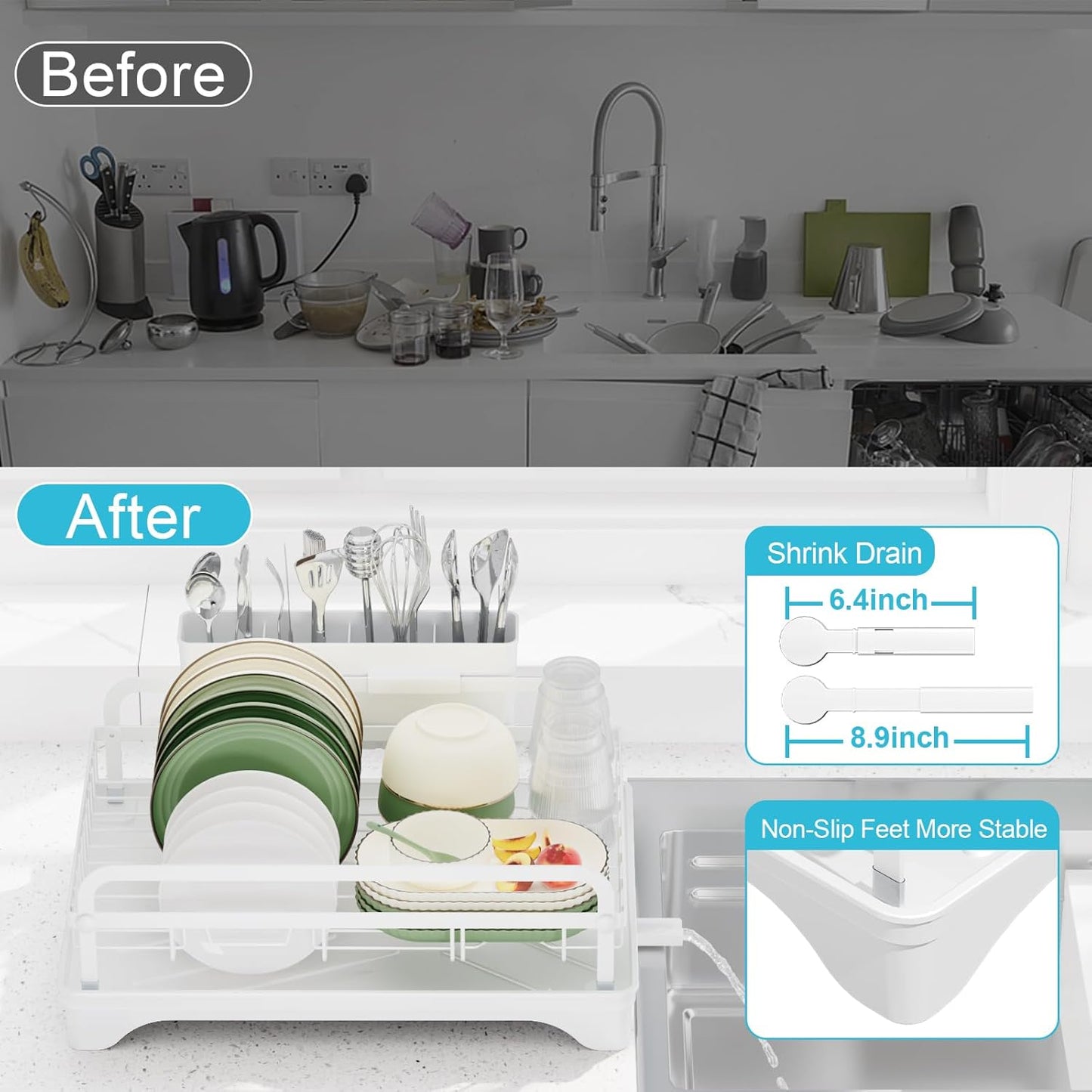 Dish Drying Rack for Kitchen Counter - Large Capacity Dish Drying Rack with Drainboard, Kitchen Sink Dish Rack, Countertop Dish Drainer Rack with Cutlery Holders Dish Dryer Rack White