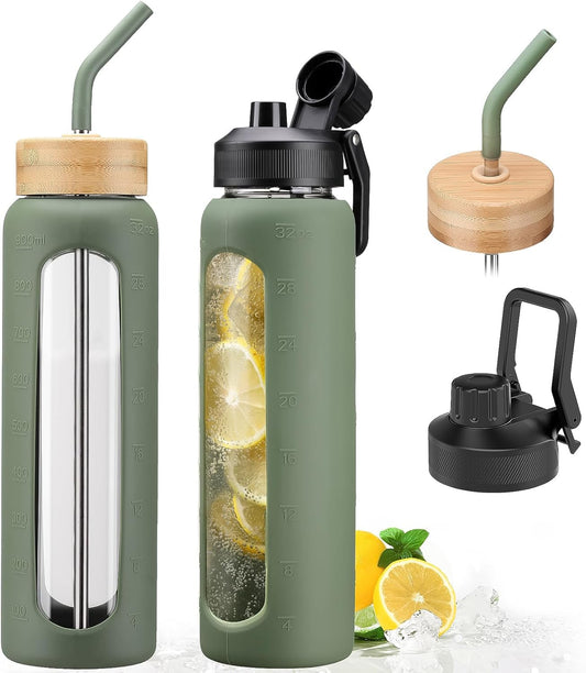 32oz Glass Water Bottle with Straw and 2 Lids- Bamboo Straw and Spout Lid with Phone Holder for Gym, Glass Drinking Bottles with Silicone Sleeve and Motivational Time Marker, Olive