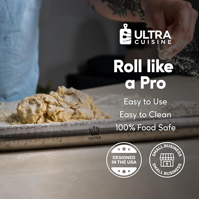 Ultra Cuisine French Rolling Pin for Baking – Tapered Stainless Steel Design with Measurements, Professional or Home Use with Pizza, Cookie, & Pastry Dough, or Fondant and Pie Crust – Dishwasher-Safe