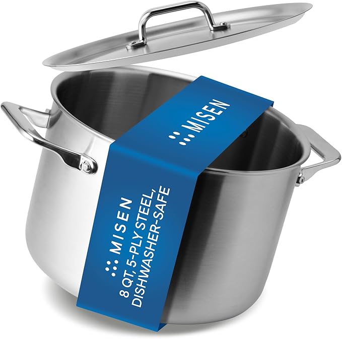 Misen 5-Ply Stainless Steel Stockpot – Large Cooking Pot for Boiling, Simmering & Stewing - Consistent, Even Heating - Durable, Dishwasher Safe – Oven-Safe to 800F, Induction Ready - 8 QT