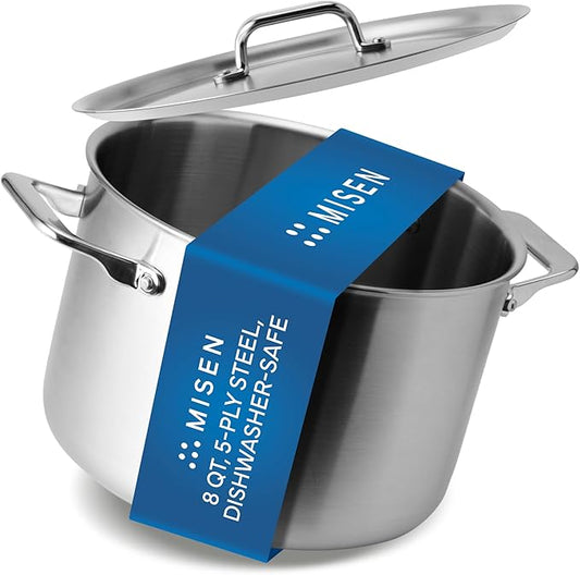Misen 5-Ply Stainless Steel Stockpot – Large Cooking Pot for Boiling, Simmering & Stewing - Consistent, Even Heating - Durable, Dishwasher Safe – Oven-Safe to 800F, Induction Ready - 8 QT
