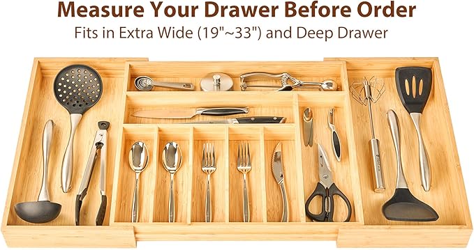 Umilife Extra Large Expandable Kitchen Siverware Utensils Drawer Organizer, 19" Deep for Big Drawer, Adjustable Bamboo Wood Drawer Divider with Curved Grooves, Cutlery Tray Flatware Holder