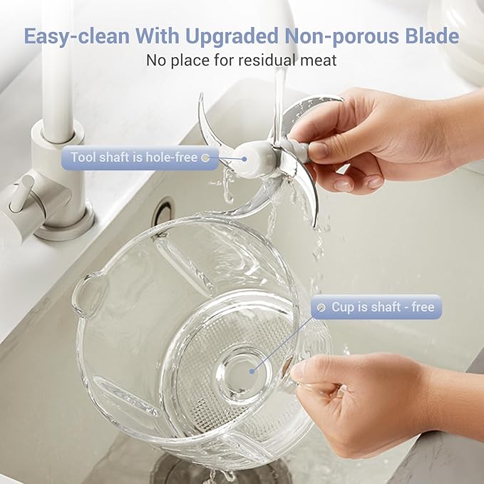 Bear Food Processor, Electric Food Chopper with 8 Cup/2L Handheld Glass Bowls, No-Hole 4 Bi-level Stainless Steel Blades for Easy Cleaning, 2 speed 250W Power Motor Grinder for Meat, and Baby Food