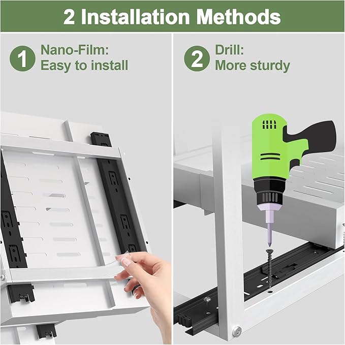 2 Tier Pull Out Cabinet Organizer ,Adjustable Width & Height,Expandable Pull-Out Drawers For Cabinets, Slide Out Shelves for Kitchen Cabinets / Countertop / Pantry,Heavy-Duty & Easy to Install(White)
