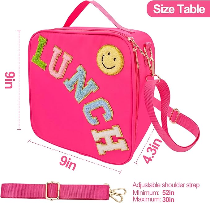 Insulated Lunch Bag With Adjustable Shoulder Strap, Nylon Preppy Lunch Box Large Insulated Lunch Bag Reusable Lunch Tote Bag with Smiley Preppy LunchBag for Girls School Travel Picnic (Rosy Red)