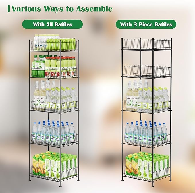 5 Tier Water Bottle Storage Rack Freestanding Metal Water Bottle Holder Shelf Organizer Drink Beverage Soda Can Organizer Storage Rack Bottled Water Stand for Floor Pantry Kitchen Food Storage, Black