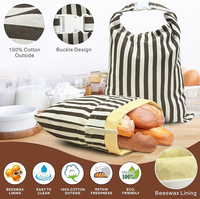 Mosucoirl Beeswax Bread Bags 2 Pack, Reusable Bread Storage Boxes for Homemade Sourdough, Cotton Food Bags Loaf Containers to Keep Fresh Large (Striped Grid)