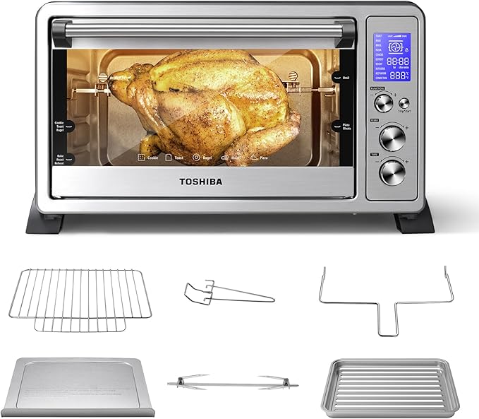 TOSHIBA AC25CEW-SS Large 6-Slice Convection Toaster Oven Countertop, 10-In-One with Toast, Pizza and Rotisserie, 1500W, Stainless Steel, Includes 6 Accessories