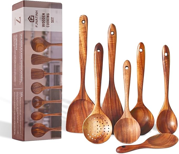 FJNATINH 7-Piece Nonstick Wooden Cooking Utensils Set, Natural and Healthy Kitchen Utensils（7 Pcs）