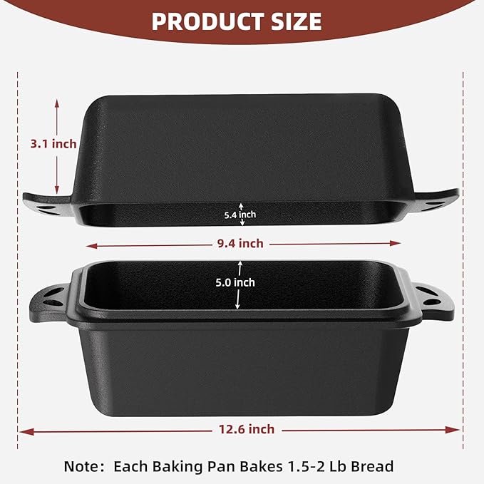9×5 Inch Cast Iron Loaf Pan with Lid, 2 in 1 Loaf Bread Baking Pans for Homemade Bread, 2 Piece Set