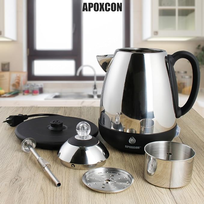 Electric Coffee Percolator Stainless Steel Coffee Maker with Clear Brew Progress Knob and No-Drip Spout Auto Keep Warm & Cordless Serving Coffee pot with On/OFF Switch Fast Brew (10 Cup)