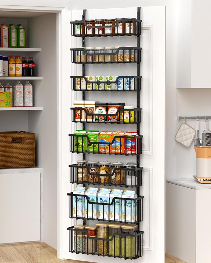Over The Door Pantry Organizer, 8-Tier Pantry Door Organizer Shelves | 3 Sizes | Adjustable Basket | Metal Hanging Spice Rack for Kitchen, Pantry, Cabinet, Back of Door Seasoning Rack, Black