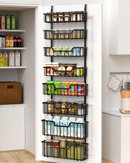 Over The Door Pantry Organizer, 8-Tier Pantry Door Organizer Shelves | 3 Sizes | Adjustable Basket | Metal Hanging Spice Rack for Kitchen, Pantry, Cabinet, Back of Door Seasoning Rack, Black