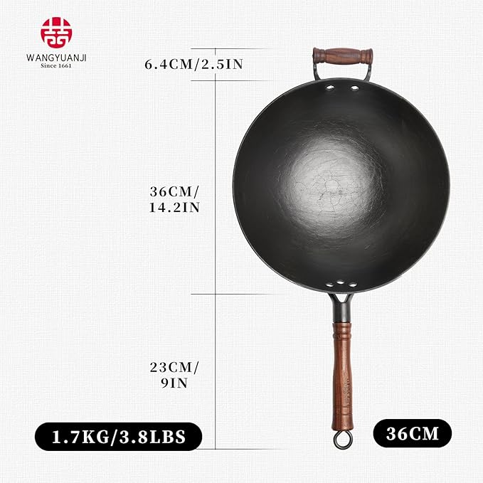 WANGYUANJI 14.17-Inch Cast Iron Chinese Wok with Round Bottom & Glass Lid - Traditional Chinese Wok for Gas Stove and Open Flame Cooking