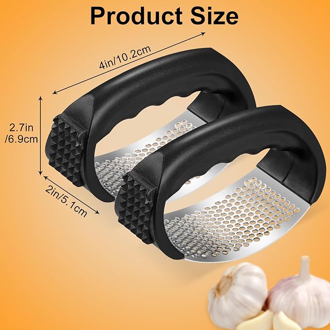 2Pcs Garlic Press Rocker, Stainless Steel GarlicMincer and Garlic Crusher, Easy-Squeeze GarlicTool (black+black)
