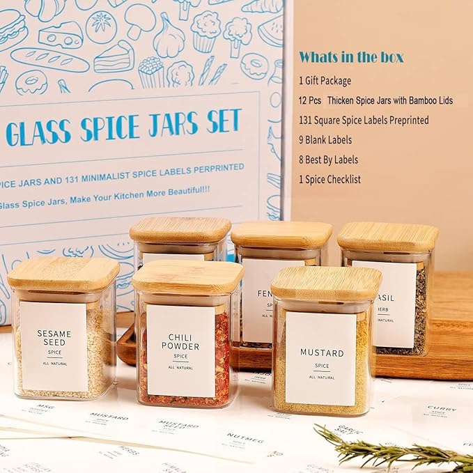 12 Pcs Square Glass Spice Jars with Natural Bamboo Lids - 5oz Airtight Herb Containers with 148 Waterproof Minimalist Spice Labels Preprinted - Empty Small Seasoning Jars for Kitchen Pantry