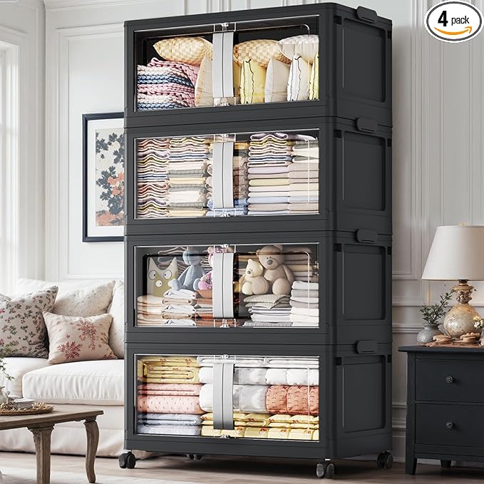 640QT Stackable Storage Bins with Lids, 160Gal Extra Large Collapsible Storage Box with Wheel, Plastic Storages with Clear Door Open Front for Home Bedroom Garage, Black-4pack