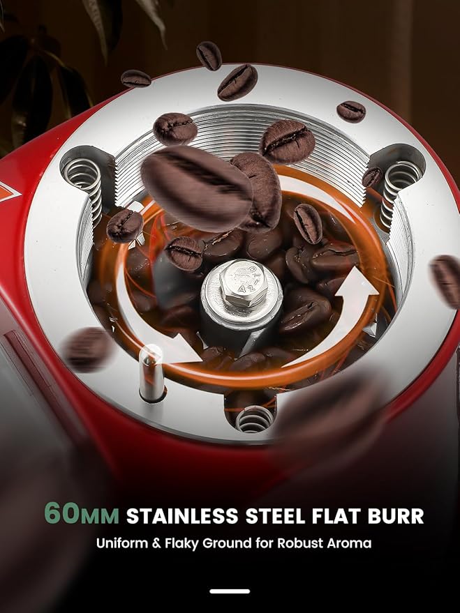 Huanyu Flat Burr Coffee Grinder with 19 Grinding Settings Bulk Electric Coffee Bean Grinder Adjustable Large Capacity 35oz Red