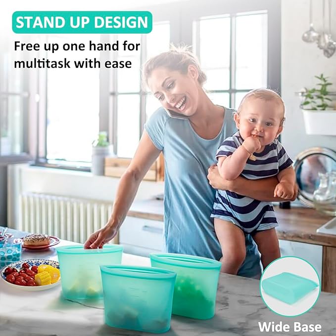 Reusable Freezer Bags Quart Size, 4 Pack, 100% Silicone Stand Up Ziplock Reusable Silicone Food Storage Bags Sandwich Bags Containers, Freezer Microwave Oven Dishwasher Safe, Aqua, 33.8fl.oz