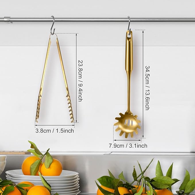 Patelai 2 Pcs Stainless Steel Pasta Spoon with Teeth Large Spaghetti Utensil, 9.4'' Tong and 13.6'' Pasta Fork with Vacuum Handle, Comfortable Grip Design Spoons for Kitchen