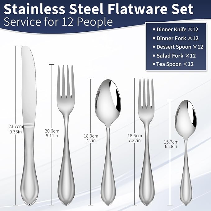60-Pieces Heavy Duty Silverware Set for 12, 18/10 Stainless Steel Flatware, Forged Thick, Dishwasher Safe, Ideal for Gift