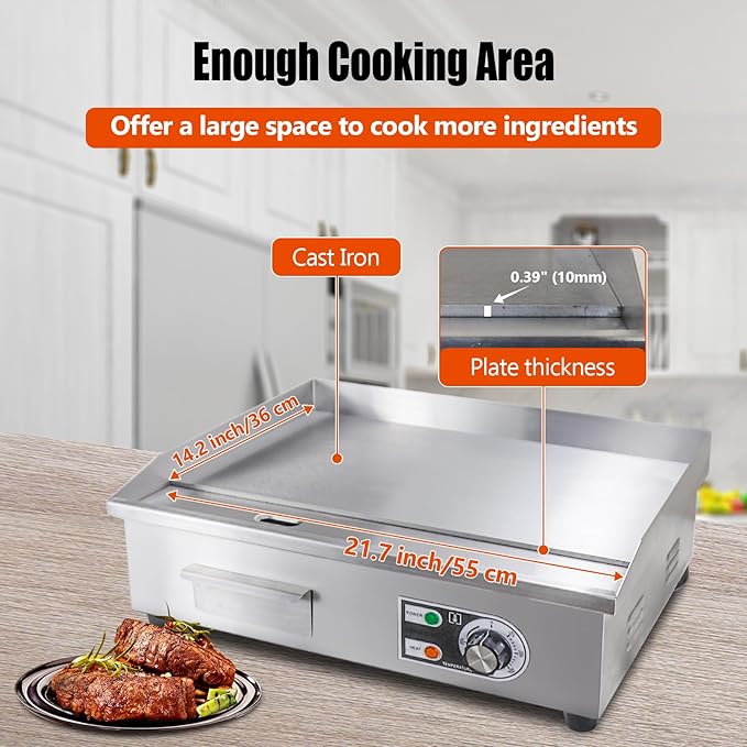 22" Commercial Electric Griddle,Electric Countertop Flat Top Griddle,110V 1600W Electric Flat Top Grill,Non-Stick Restaurant Teppanyaki Stainless Steel Grill,Adjustable Temperature Control