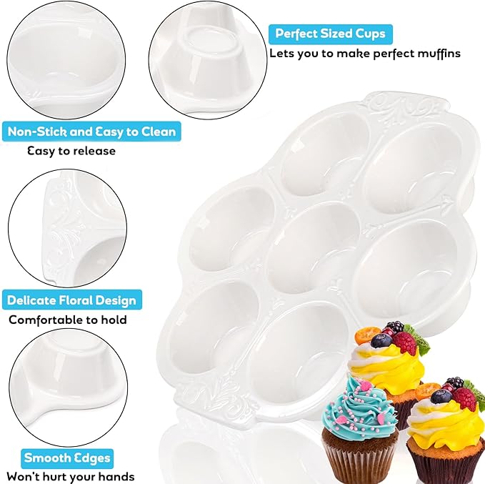 Youeon 2 Pack Ceramic Muffin Pans 7 Cups, Nonstick White Floral Cupcake Baking Pan with Handle, Muffin Tins for Muffins, Cupcakes, Tarts, Mini Cheesecakes, Oven and Dishwasher Safe
