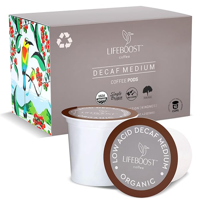 Lifeboost Organic Decaf Coffee K Cups - Low Acid Single Origin Non-GMO Mold Free Decaf Coffee Pods Compatible with Keurig & Keurig 2 - No Mycotoxins or Pesticides - 10 Count