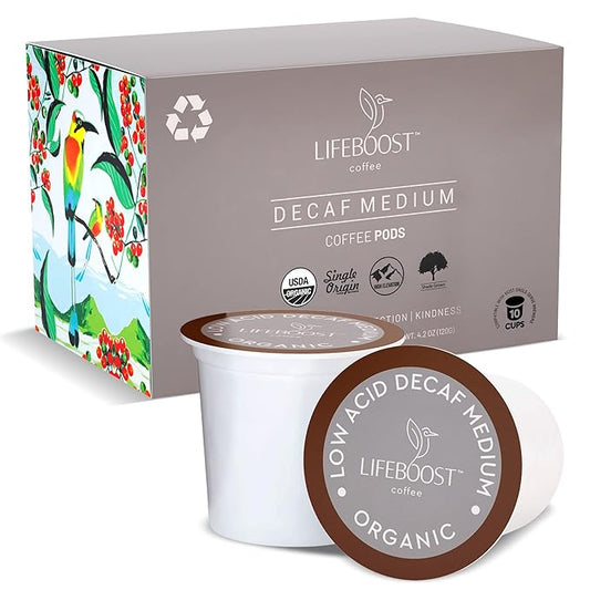 Lifeboost Organic Decaf Coffee K Cups - Low Acid Single Origin Non-GMO Mold Free Decaf Coffee Pods Compatible with Keurig & Keurig 2 - No Mycotoxins or Pesticides - 10 Count