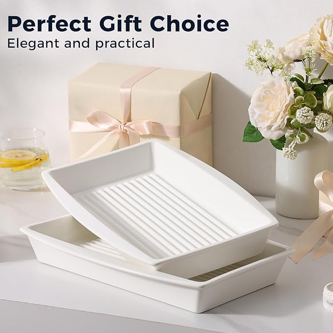 DELLING Baking Dish for Oven, 9.3'' x14'' Ceramic Casserole Dish, Lasagna Pan, Oven Safe Bakeware Sets with Handles for Baking, Roasting, White, Microwave, Dishwasher Safe, Set of 2