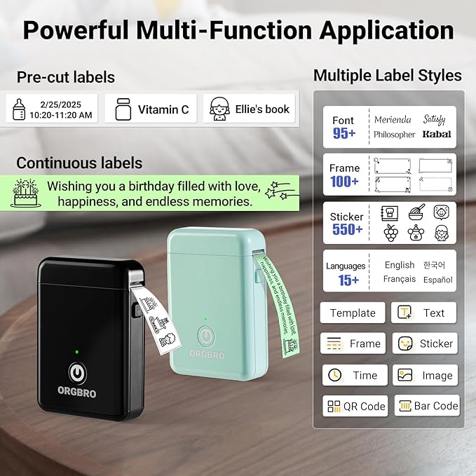 ORGBRO Label Maker Machine with Tape, X1 Portable Bluetooth Mini Label Printer, Support Pre-Cut & Continuous Label, Wireless Small Label Makers with Versatile App for School Home Office Organization