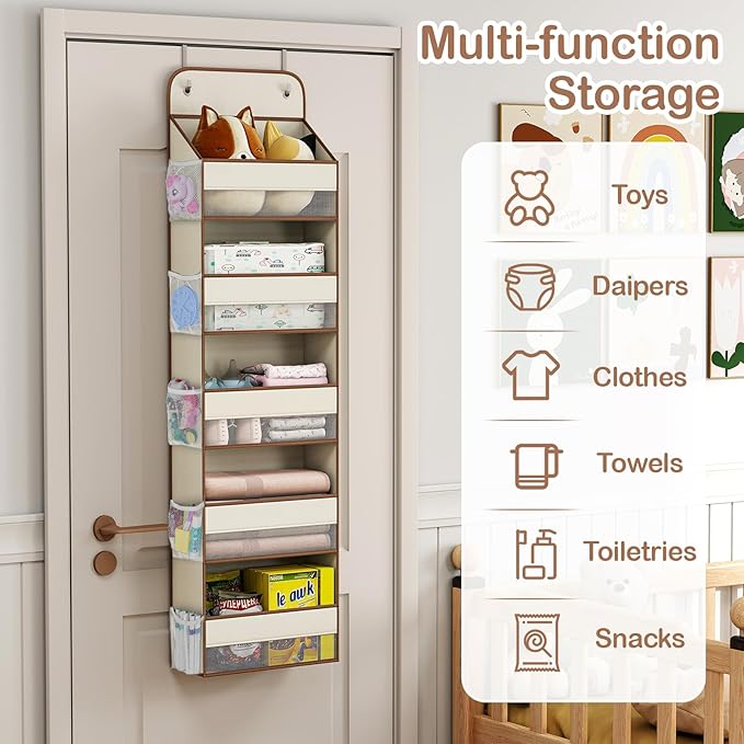 LAMU 1 Pack Over the Door Organizer Hanging with 5 Large Pockets and 10 Mesh Pockets, 44lb Over the Door Storage for Closet, Nursery and Bathroom, Behind the Door Storage with Clothes and Toys, Beige