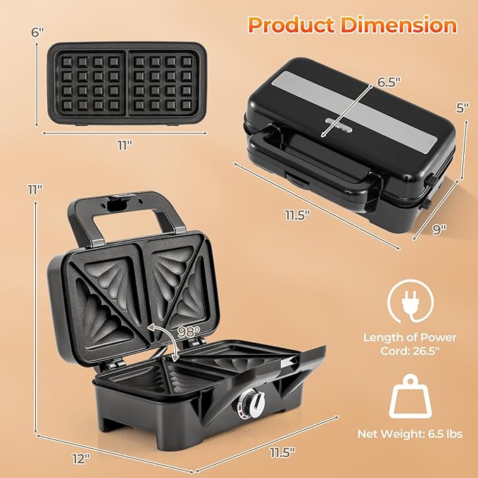 ARLIME 3 in 1 Waffle Maker, 1082W Electric Panini Press Grill w/Non-stick Plates, Indicator Lights, Cool Touch Handle, Sandwich Maker w/ 5-gear Temperature Control for Breakfast Grilled Cheese Steak