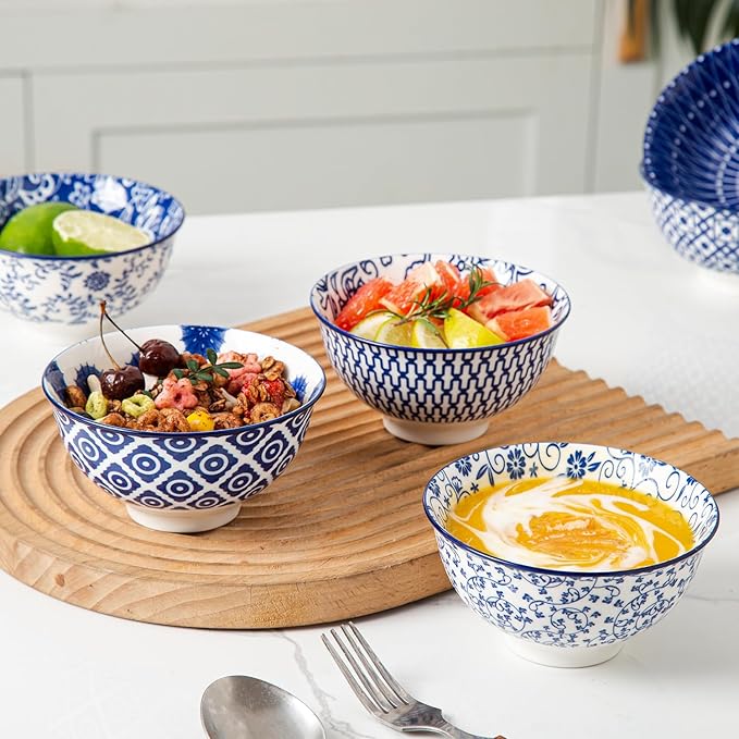 Ceramic Dessert Bowls Set - 12 Oz Small Cereal Bowls 4.75 Inch Ice Cream Bowl for Fruit, Snack, Dipping Sauce, Side Dishes - Microwave Dishwasher Safe - Set of 6 - Vintage Blue