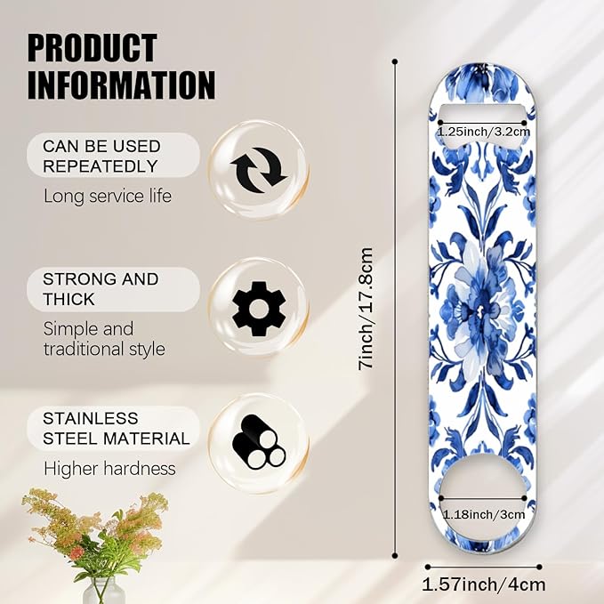 2 PACK Beer Bottle Opener, Stainless Steel Flat Bottle Openers,7 inch Metal Decor,Blue And White Hand-Painted Flower