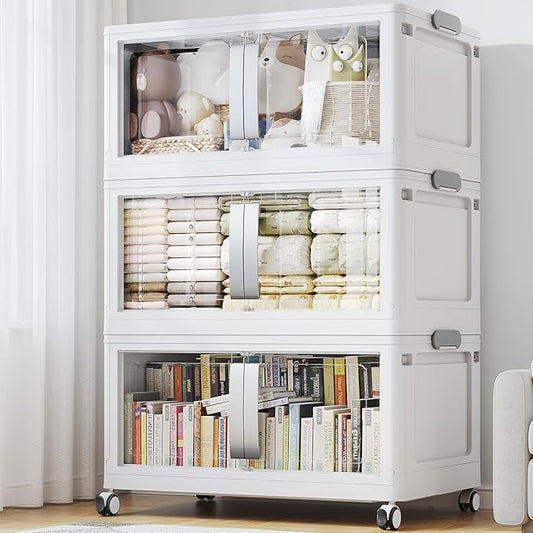 480QT Stackable Storage Bins with Lids, 120Gal Extra Large Collapsible Storage Box with Wheel, Plastic Storages with Clear Door Open Front for Home Bedroom Garage, White-3pack(3 lids)