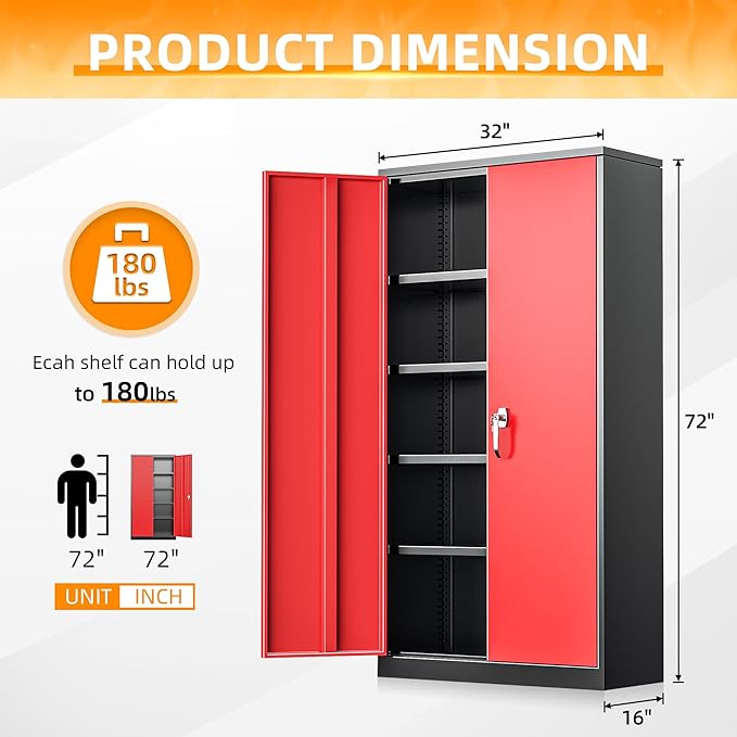 INTERGREAT Storage Cabinet, 72” Steel Locking Closet with Doors and 4 Adjustable Shelves, Tool Unit for Home Office, Garage & Tall Lockable File Cabinet, Black Red.