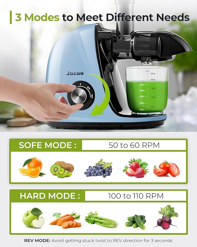 Jocuu Slow Masticating Juicer with 2-Speed Modes - Cold Press Juicer Machine - Quiet Motor & Reverse Function - Easy to Clean Juicer Extractor - Juice Recipes for Fruits & Vegetables (Light Blue)